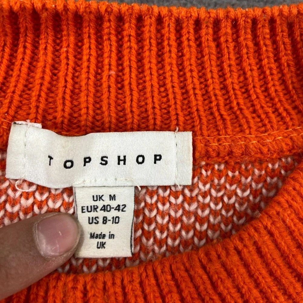 Topshop Cropped‎ Sweater Womens 8-10 White Orange Heart Check Tight Knit Ribbed
